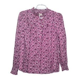 LOFT S Floral Smocked Cuff Henley Blouse Pink Black